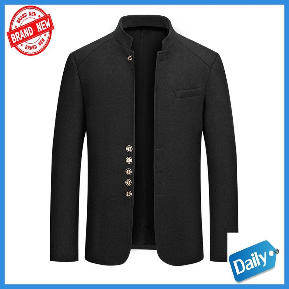 Men's Slim Fit Wool Blend Peacoat Stand Collar Winter Business Overcoat